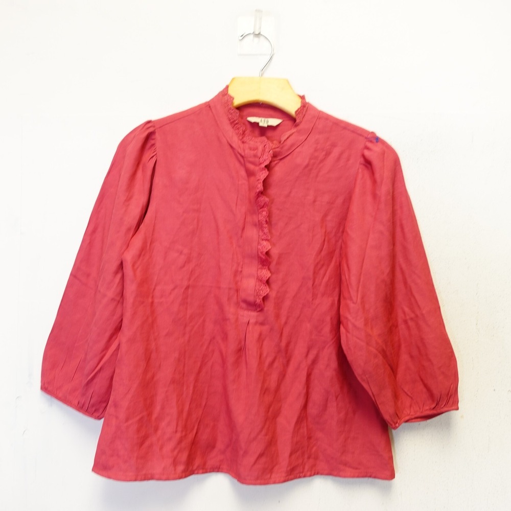 Peasant Strawberry Pink Womens Top 8 Medium Puff Sleeve Crew Neck Lace Trim AND